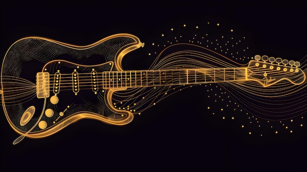 a guitar with a gold and orange background with a gold swirl on the bottom