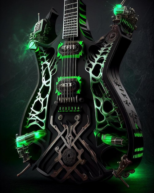 A guitar with green lights and the word " green " on it