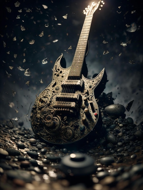 a guitar with a metal body and a black background.
