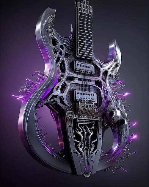 A guitar with purple lights and a guitar on it