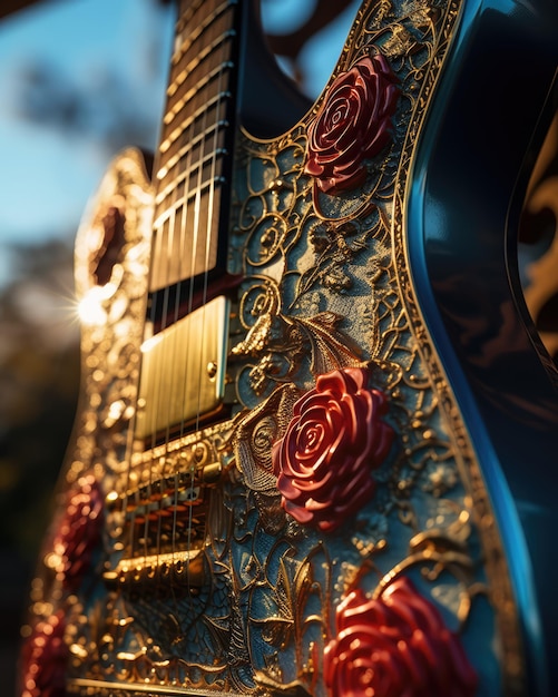 Foto una chitarra con sopra una rosa