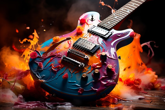 Photo guitar with smoke and flames mixed media