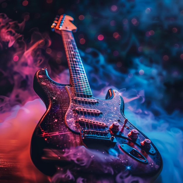 Photo a guitar with a star on it and a blue background with stars