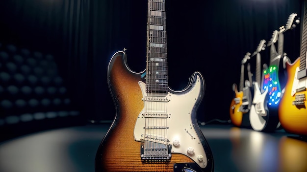 A guitar with a wooden body and a white body with a black label that says'guitar '