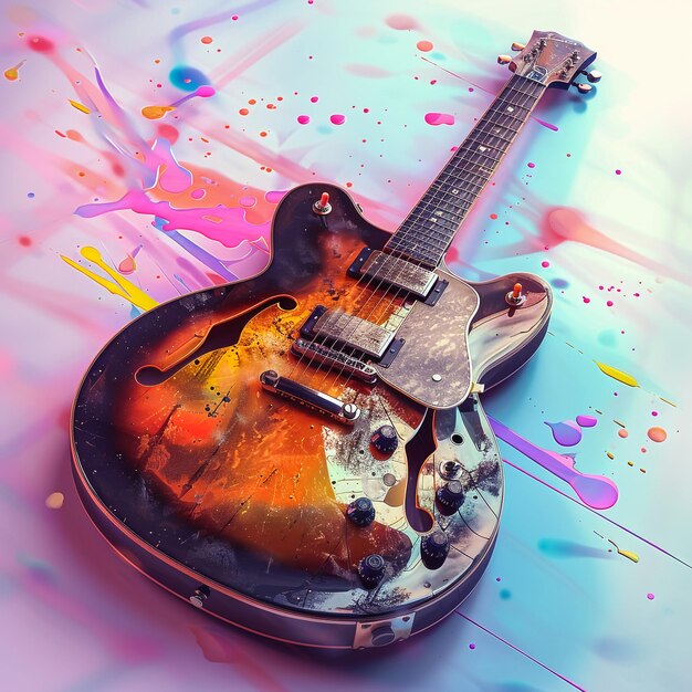 a guitar with a yellow and orange body sits on a table