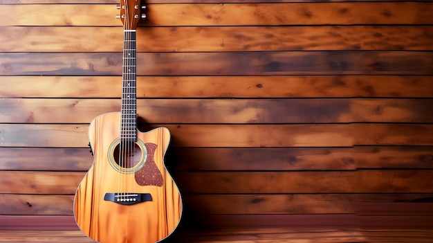 Foto una chitarra su uno scaffale di legno con uno sfondo di legno