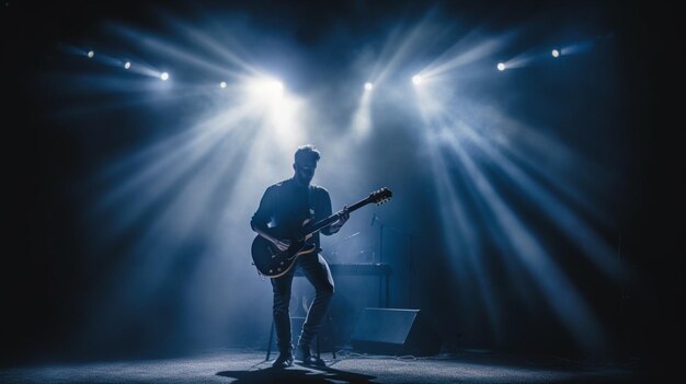 Фото Гитарист играет на сцене, освещенной прожектором