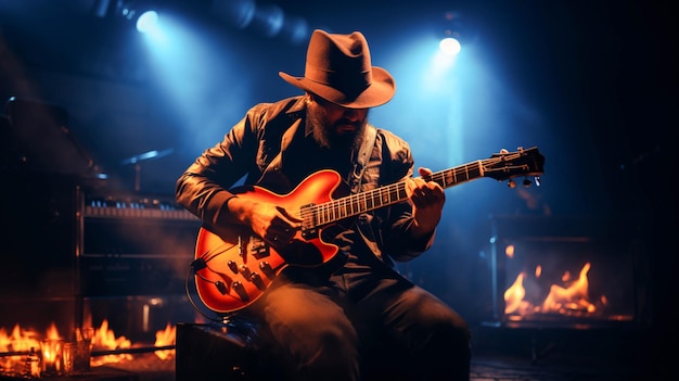 The guitarist plays the acoustic guitar on stage plucking strings