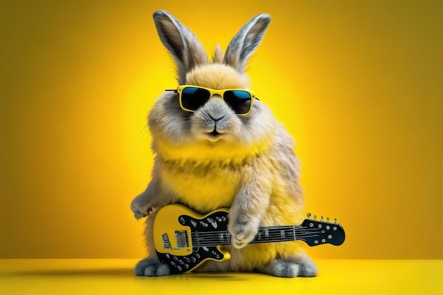 写真 黄色の背景で撮影スタジオ スタジオ サングラスとギターを見てギタリスト ロッカーのウサギ