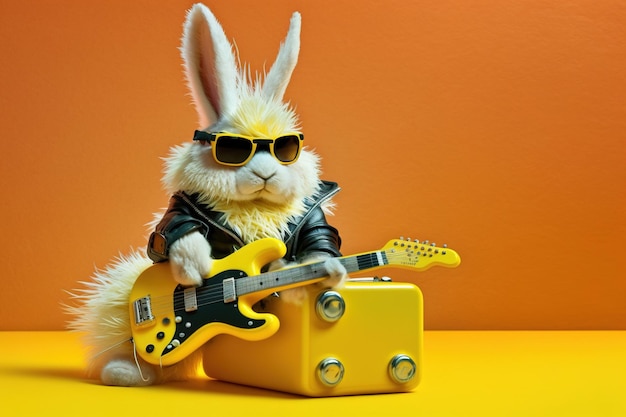 Guitarist rocker rabbit with sunglasses guitar and leather jacket looking at camera studio shot on yellow background