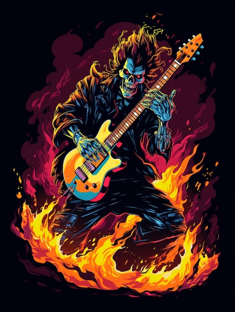 guitarist skull on fire print design