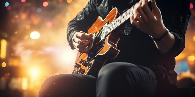 Guitarist on stage and sings in a concert for background soft and blur concept