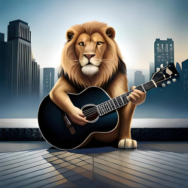 Guitarplaying lion building background