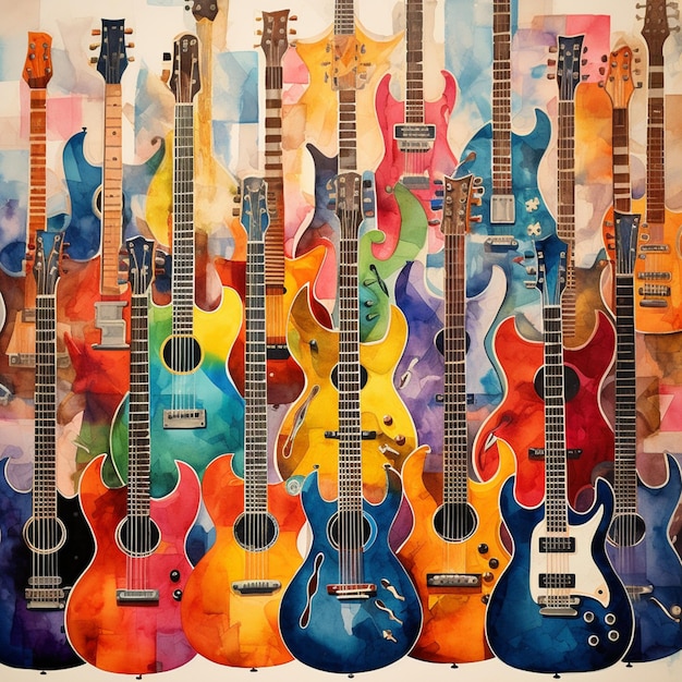 guitars are lined up in a row on a colorful background generative ai