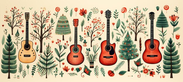 guitars and trees are painted on a wall in a forest generative ai