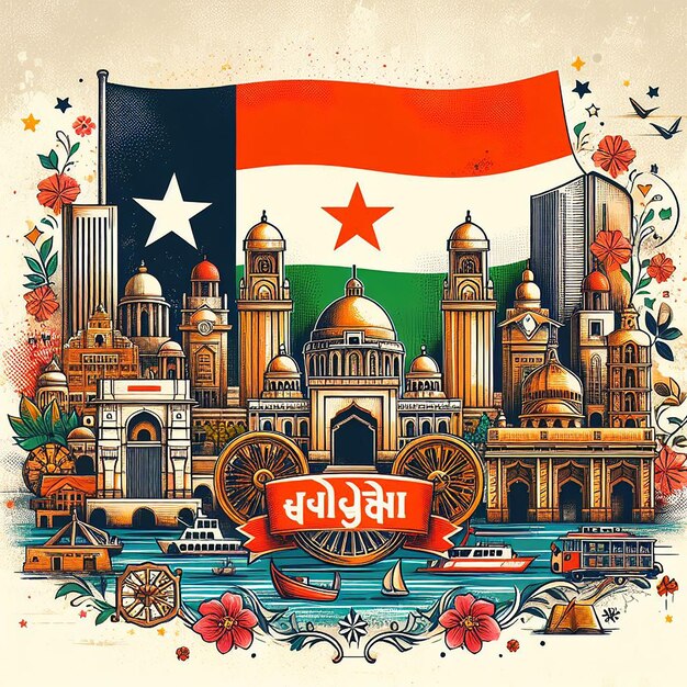 Foto illustrazione del poster del giorno del gujarat in stile grunge con edifici e simboli famosi