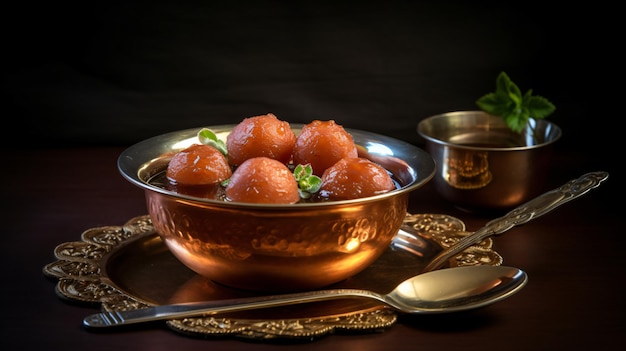 Photo gulab jamun in bowl and copper antique bowl