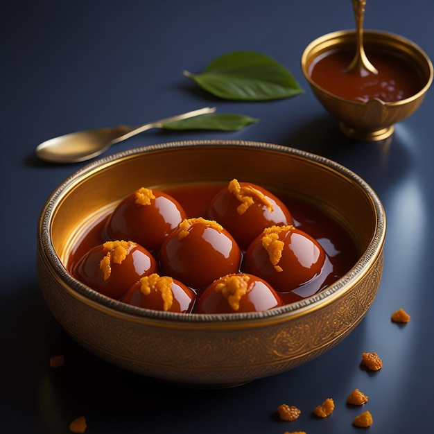 A gulab jamun in bowl with spoon