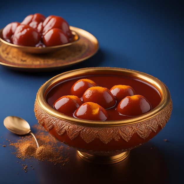 A gulab jamun in bowl with spoon