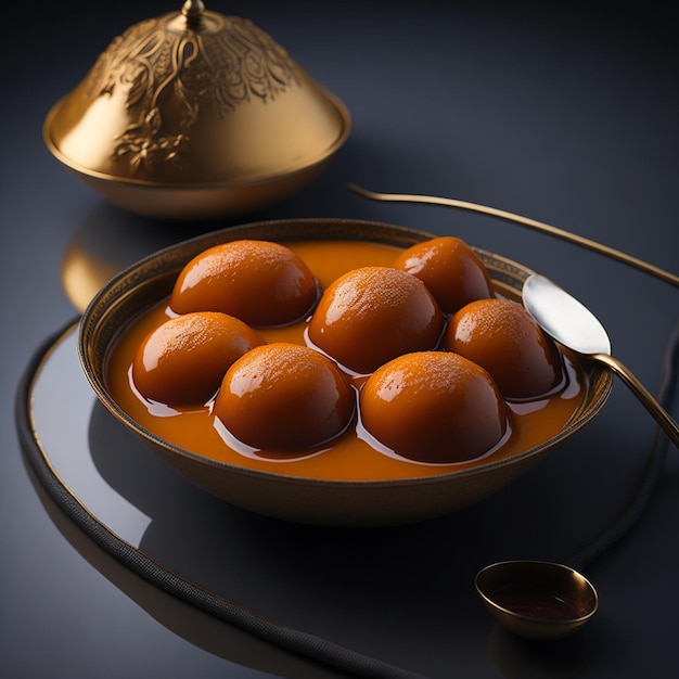 A gulab jamun in bowl with spoon