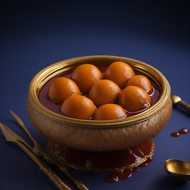 A gulab jamun in bowl with spoon