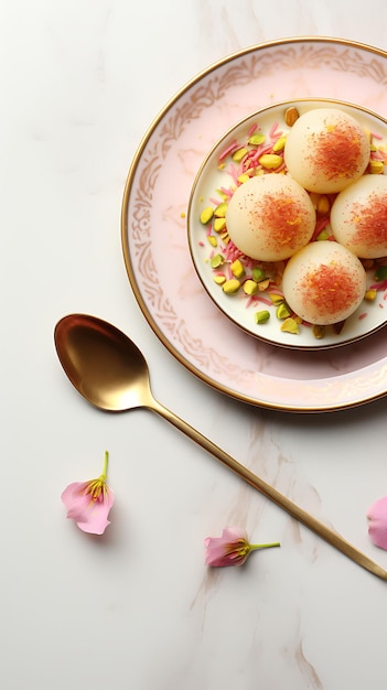 Photo gulab jamun dessert with rose petals pistachio crumbs pink a india culinary culture layout website