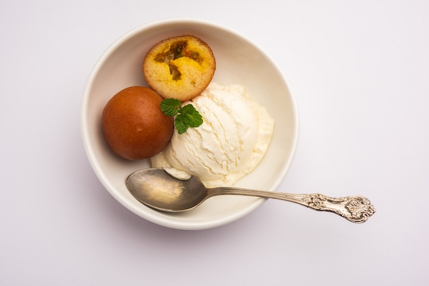 Gulab Jamun Traditional Indian Dessert served with Vanilla Ice Cream