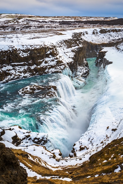 gullfoss or golden waterfall in winter season