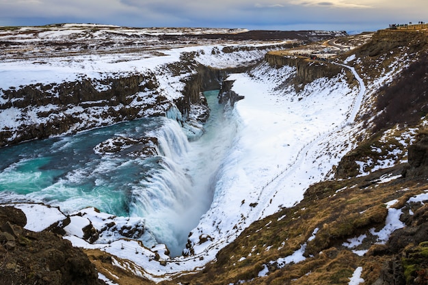 gullfoss or golden waterfall in winter season