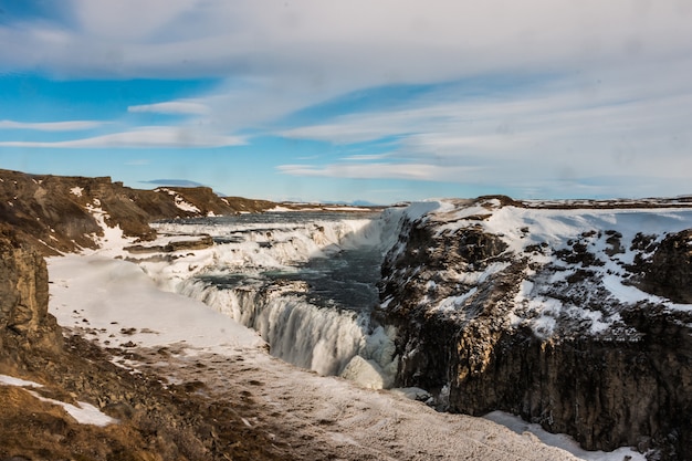 Gullfoss waterfall almost frozen