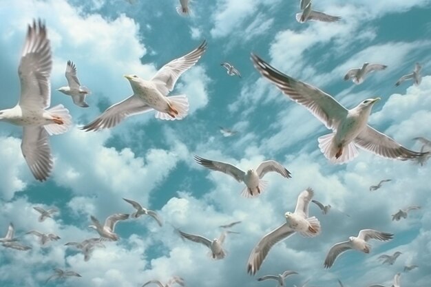 Gulls vliegen met wolken op de achtergrond