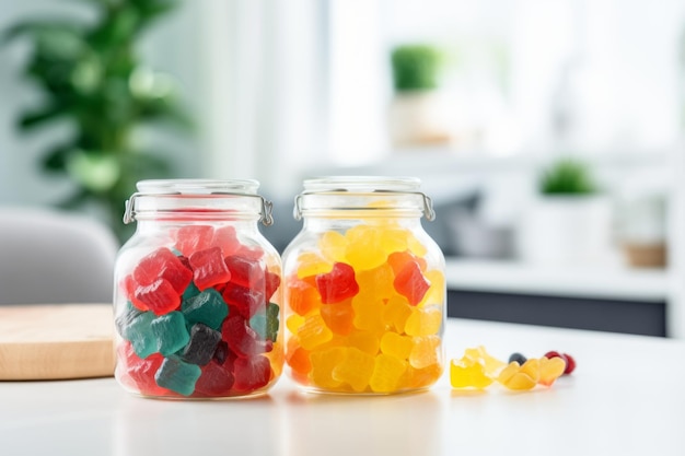 Gummietraktaties in glazen potten Een verrukkelijk display op een witte keukentafel, perfect voor personalisatie