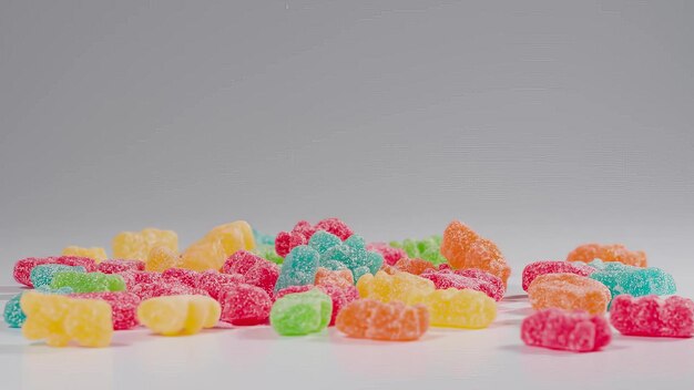 Gummy bear candies falls in slow motion