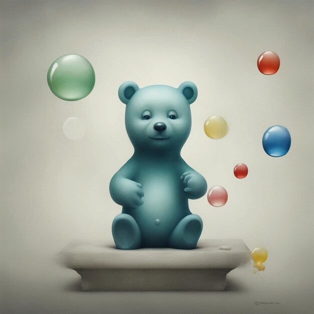 Foto gummy bear speelt met zeepbel