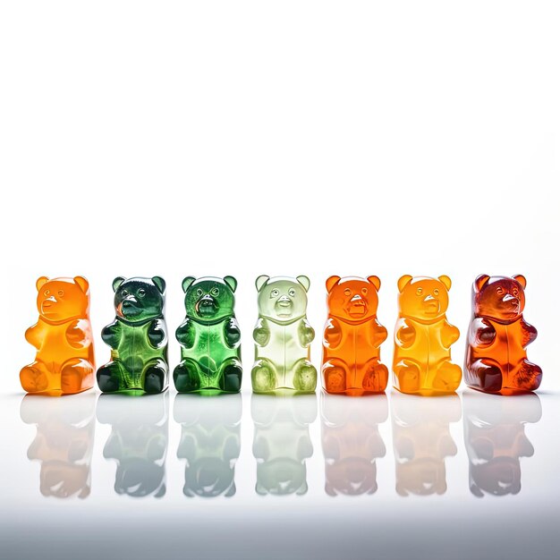 Photo gummy bears in a line on a white background