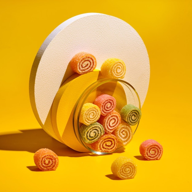 Gummy sweets. marmalade sweets. fashion food. yellow background