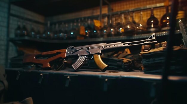 A gun on a bar with a bar in the background