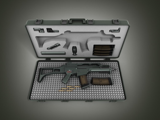 Gun in the briefcase 3d render on a gradient background