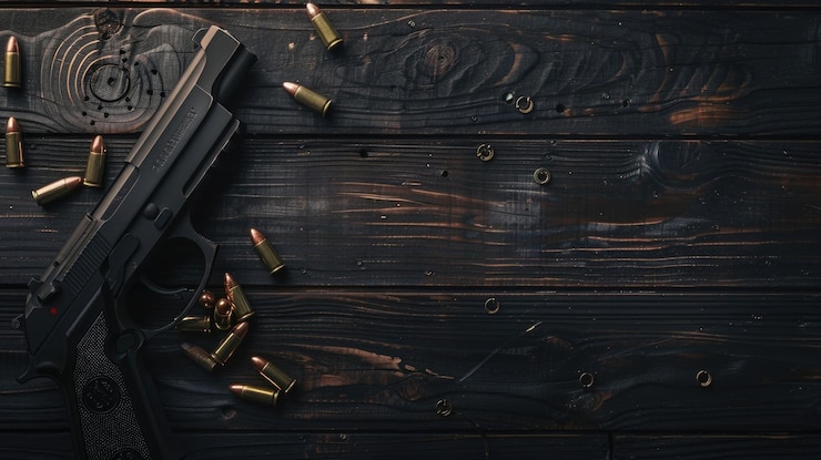 Photo a gun and bullet shells placed on a wooden surface suitable for firearms or crimerelated concepts