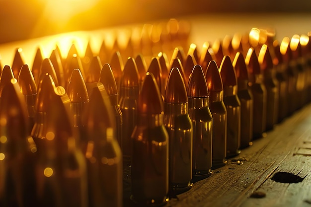 Photo gun bullets on an old aged board close up arms supplies