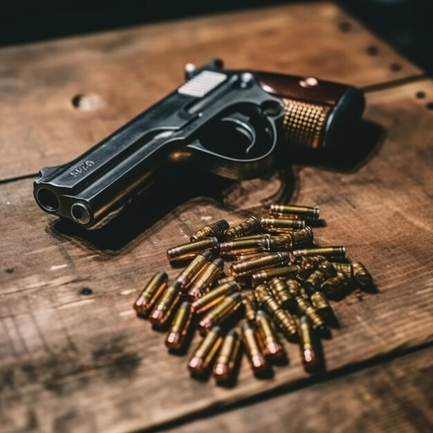 Gun and bullets on studio background