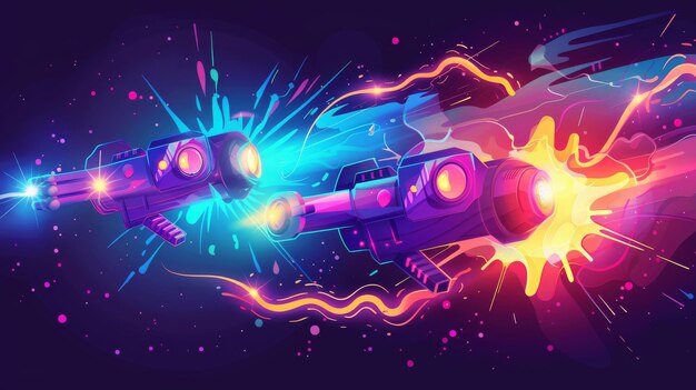 Photo gun effect laser or plasmic beams and rays bomb explosion raygun futuristic alien weapon boom colorful energy phasers lightings cartoon modern illustration