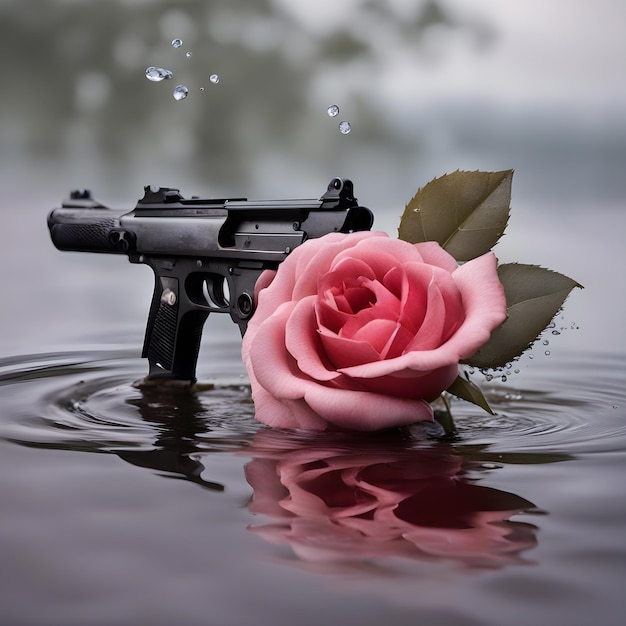 Gun en roos in water symbool van oorlog en vrede