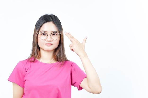 Gun finger on head Of Beautiful Asian Woman Isolated On White Background