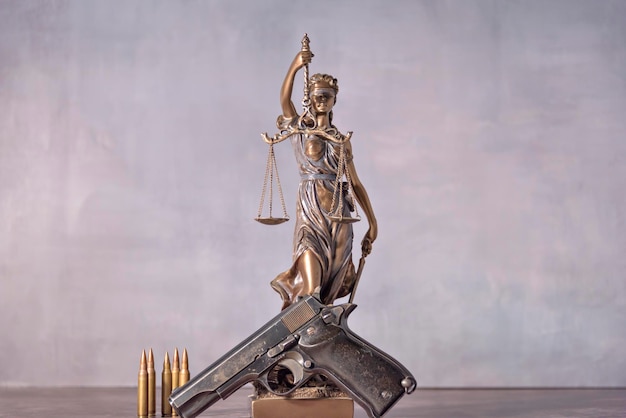 前景と背景にある銃は、武器の使用と正義の概念を表しています。
