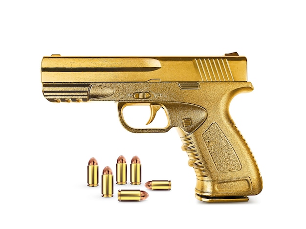 Gun gold metal with ammunition isolated on white background