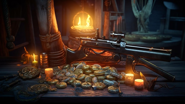 Photo a gun is surrounded by coins and candles.