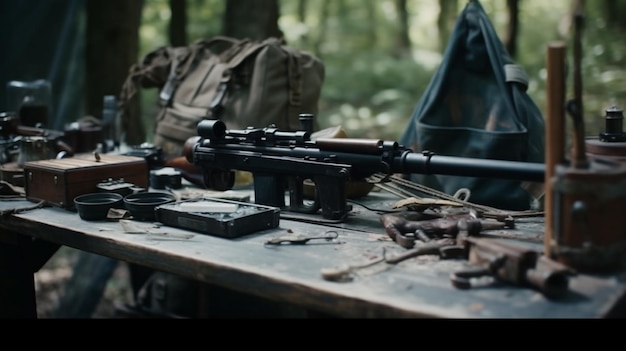 Photo a gun is on a table in the woods.