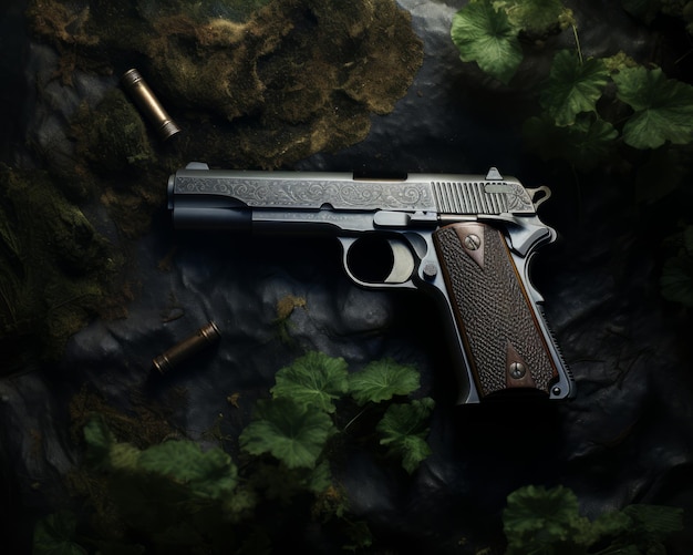 a gun laying on top of some leaves