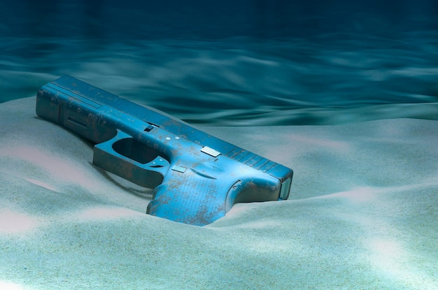 Gun pistol on ocean bottom underwater 3D rendering